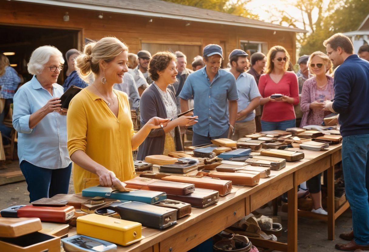 A bustling garage sale scene with diverse people examining various items, transitioning into an auction setting with a gavel and enthusiastic bidders raising their paddles. Incorporate elements representing both environments, such as price tags, antiques, and modern items. The background features a warm sunset to create an inviting atmosphere. super-realistic. vibrant colors. 3D.