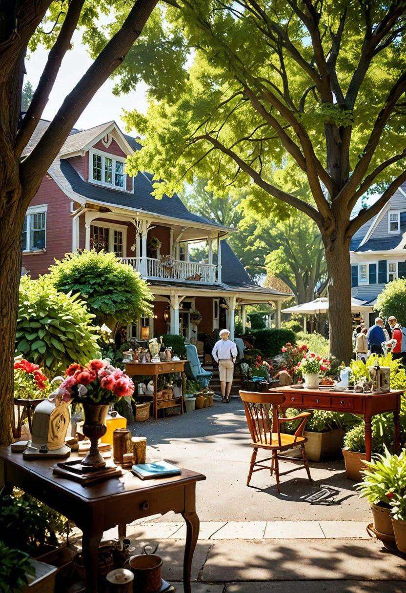 A detailed, inviting scene of a bustling estate sale, showcasing a variety of valuable antiques, furniture, and collectibles displayed on tables with price tags. The setting includes cheerful shoppers examining items, a friendly seller giving tips, and a backdrop of a charming house yard. Daylight filters through trees, creating a warm atmosphere that conveys community and opportunity. super-realistic. vibrant colors. natural lighting.