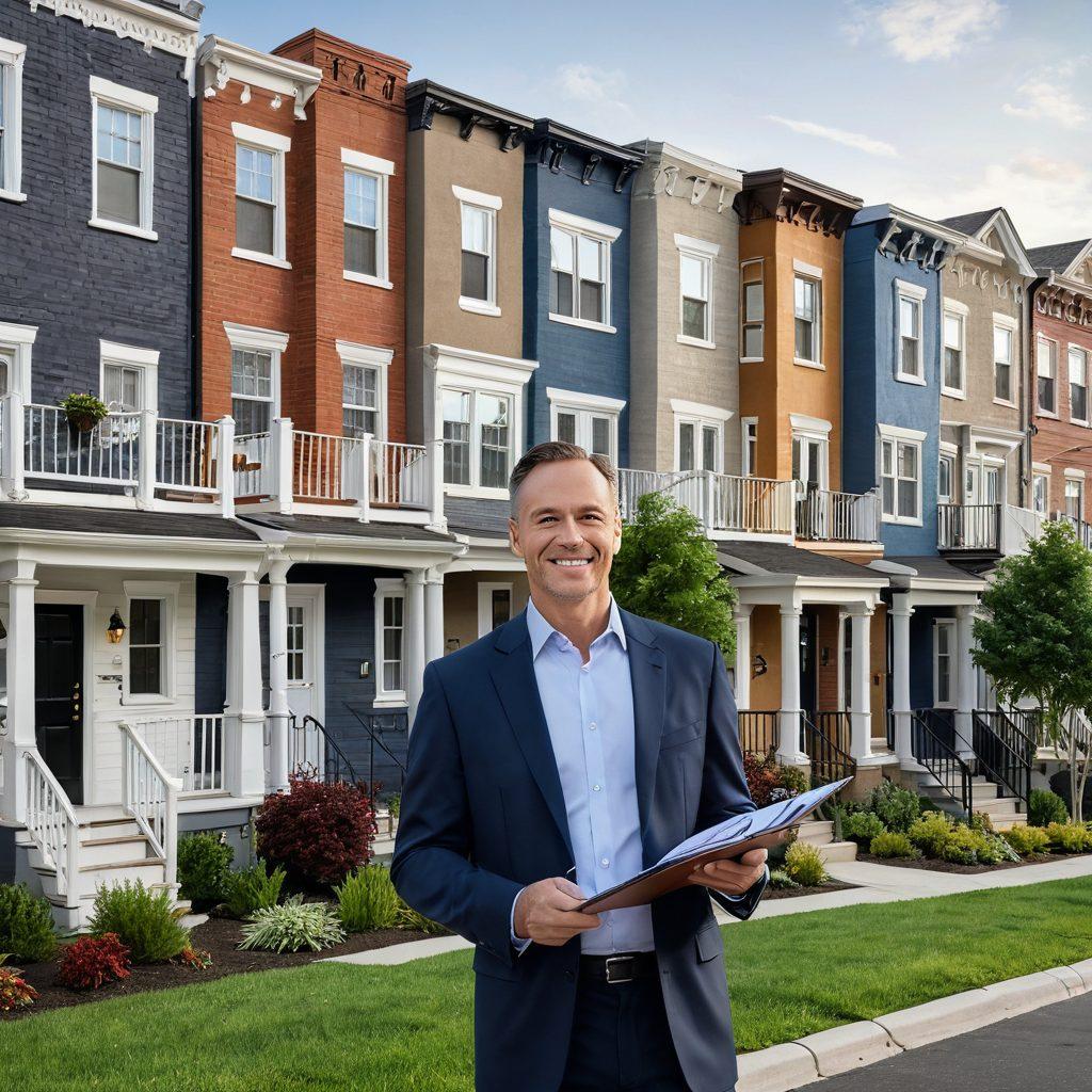 A dynamic city skyline featuring diverse properties for sale, with a confident real estate agent holding a clipboard and interacting with clients. Include a backdrop of a bustling street filled with 'For Sale' signs and happy families. Convey a sense of expertise and professionalism in the estate sales process. super-realistic. vibrant colors. 3D.